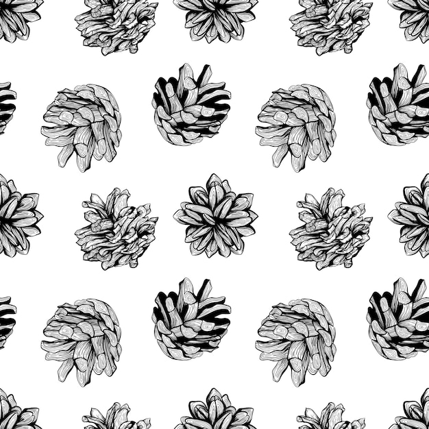 Black and white seamless natural pattern background design with pine cones vector illustration