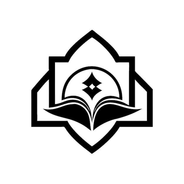 Black book with open pages rests inside an angular shape creating a symmetrical composition