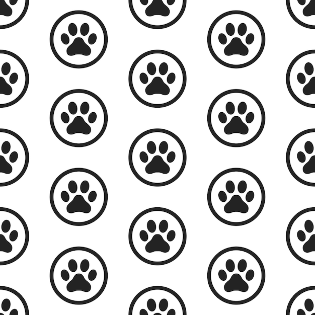 Black cats paws prints in circles on white background Vector seamless pattern