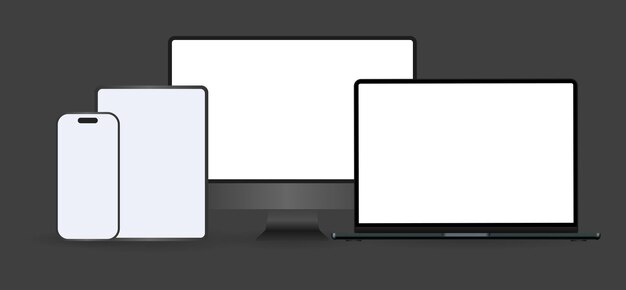 Black computer and phone mockup set with desktop laptop and tablet