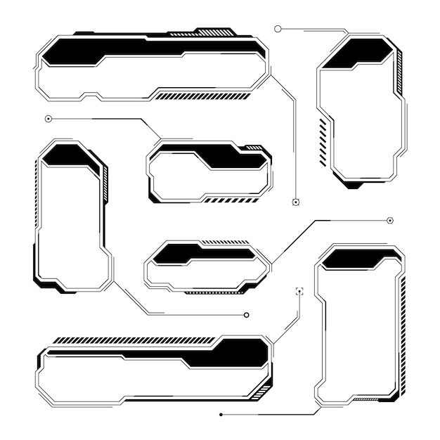 black futuristic hud or ui elements scifi user interface text boxes callouts warning message frames information boxes template modern game interface layout in digital style vector illustration