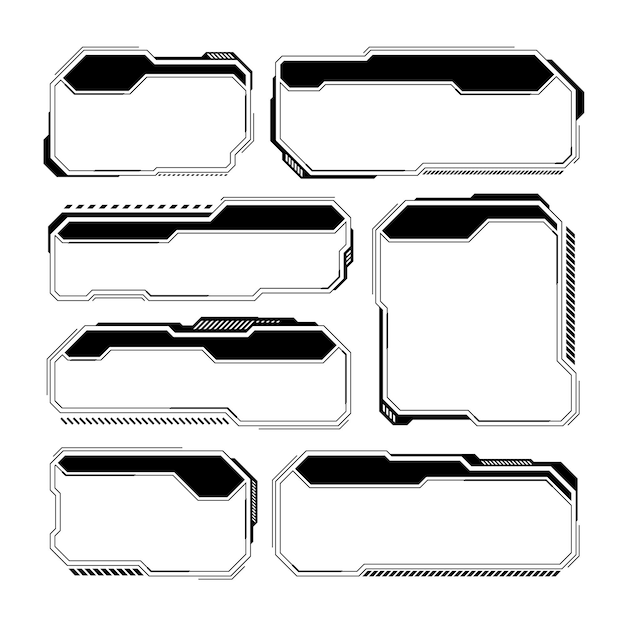 Black futuristic HUD or UI elements Scifi user interface text boxes callouts Warning message frames information boxes template Modern game interface layout in digital style Vector illustration
