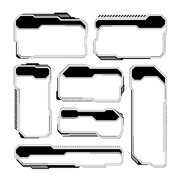 Black futuristic HUD or UI elements Scifi user interface text boxes callouts Warning message frames information boxes template Modern game interface layout in digital style Vector illustration