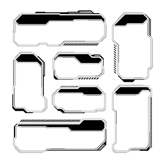 Black futuristic HUD or UI elements Scifi user interface text boxes callouts Warning message frames information boxes template Modern game interface layout in digital style Vector illustration