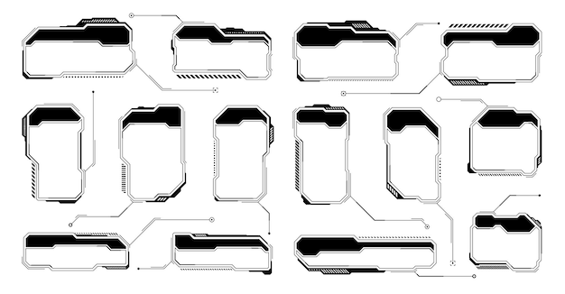 black futuristic hud or ui elements scifi user interface text boxes callouts warning message frames information boxes template modern game interface layout in digital style vector illustration