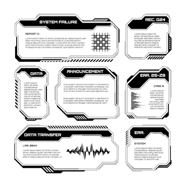 black futuristic hud ui elements scifi user interface text boxes callouts warning message frames