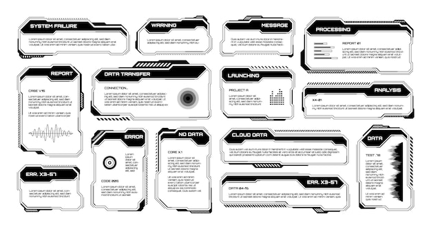 black futuristic hud ui elements scifi user interface text boxes callouts warning message frames