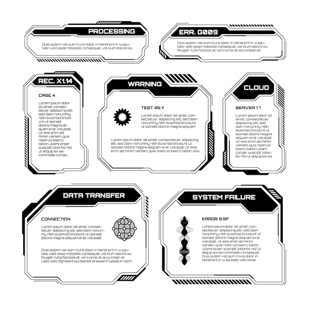 Black futuristic hud ui elements scifi user interface text boxes callouts warning message frames