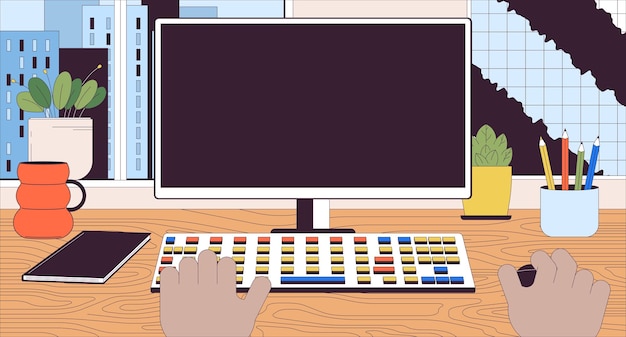 black man working on computer 2d linear illustration concept