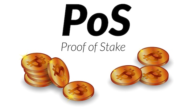 black text pos proof of stake with isometric stacks of bitcoin btc coins with shadows isolated on white background design element