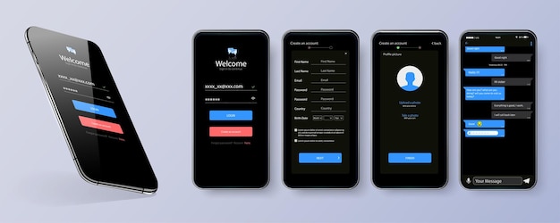 Black theme design of mobile application user interface screen Mobile ui kit with welcome window registration home page concept chat messenger Vector set of modern UI UX GUI screens and icons
