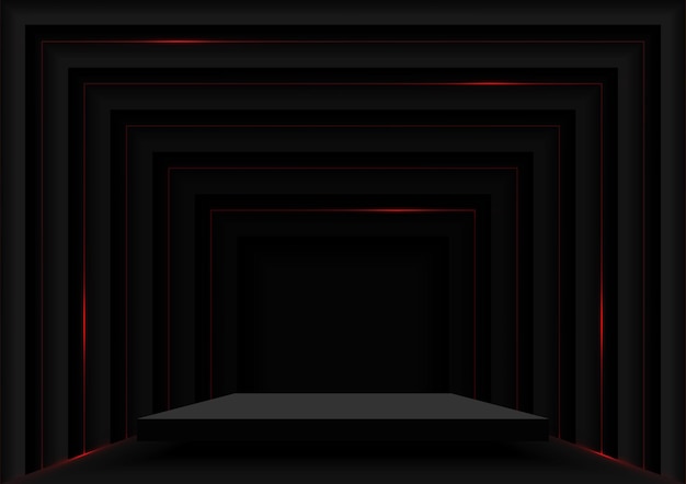 blank square pedestal with square wall modern steps with red neon light in black studio background
