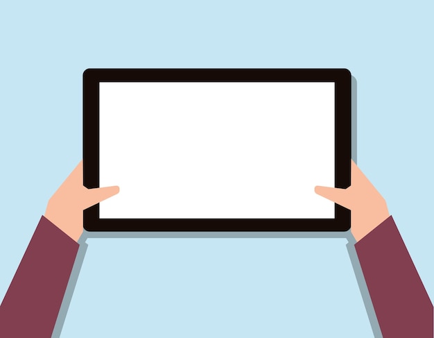 Blank tablet hand toches screen flat design isolated on blue background Vector illustration