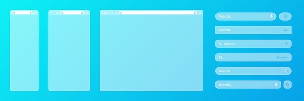 Blank transparent internet browser window with various search bar templates web site engine with