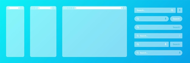 Blank transparent internet browser window with various search bar templates web site engine with