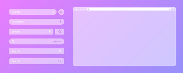 Blank transparent internet browser window with various search bar templates web site engine with
