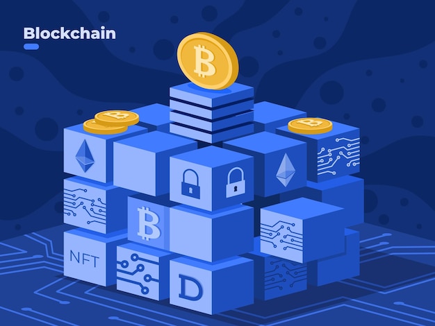 blockchain technology illustration vector with crypto coin nft blockchain isometric illustration digital cryptocurrency technology