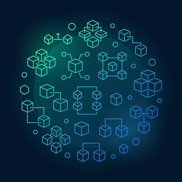 blockchain technology vector round blue outline illustration or banner