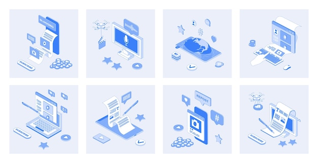 blogging 3d isometric concept set with isometry icons design for web collection of creating content in online blogs posting video or photo followers comment and like subscribe vector illustration