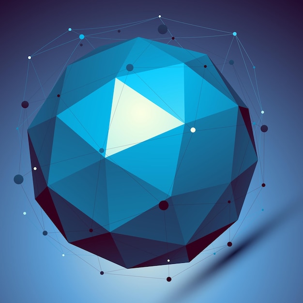 Blue 3D modern perspective abstract background, origami facet spherical structure with wire network.