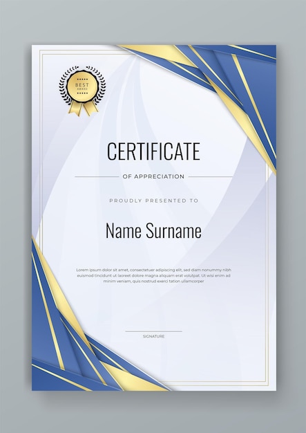 blue and gold certificate design with luxury and modern certificate award design template pattern