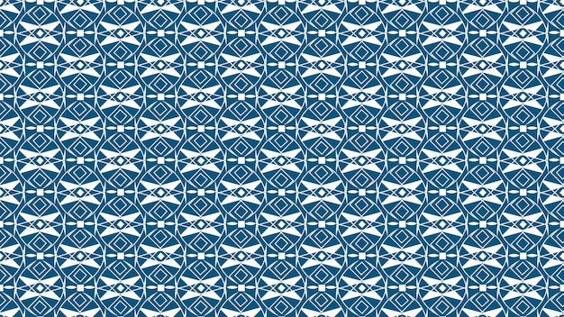 Blue and white geometric pattern with a fish motif.