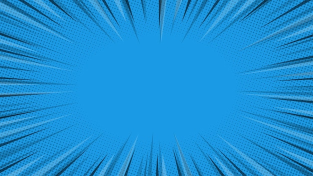blue comic background with rays and halftone dots vector illustration