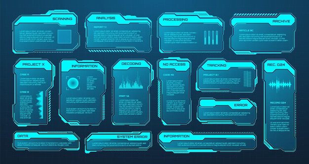 Blue futuristic hud or ui elements scifi user interface text boxes callouts warning message frames