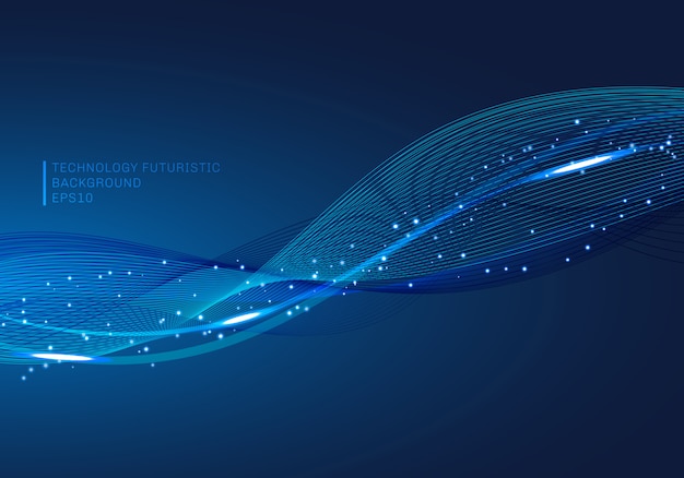 Blue lines wave glowing light element technology background.