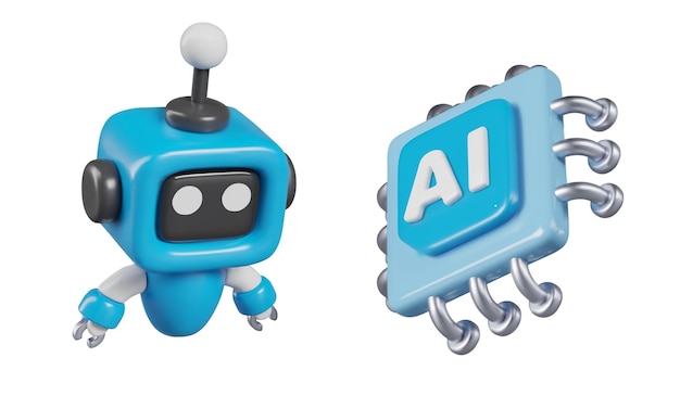 Blue mini robot processor labeled AI Set of vector 3D illustrations