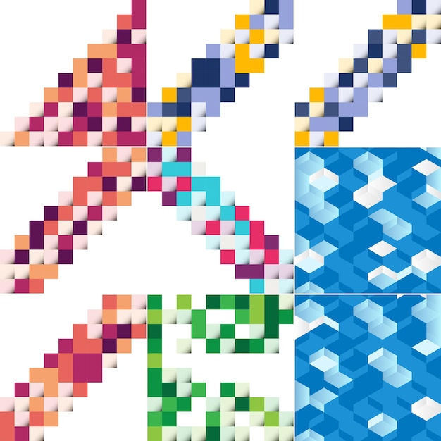 Blue mosaic pattern with a mosaic color gradient vector illustration suitable for use in design projects includes a color sample of a pixel landscape