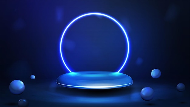 Blue podium floating in the air with blue neon ring on background