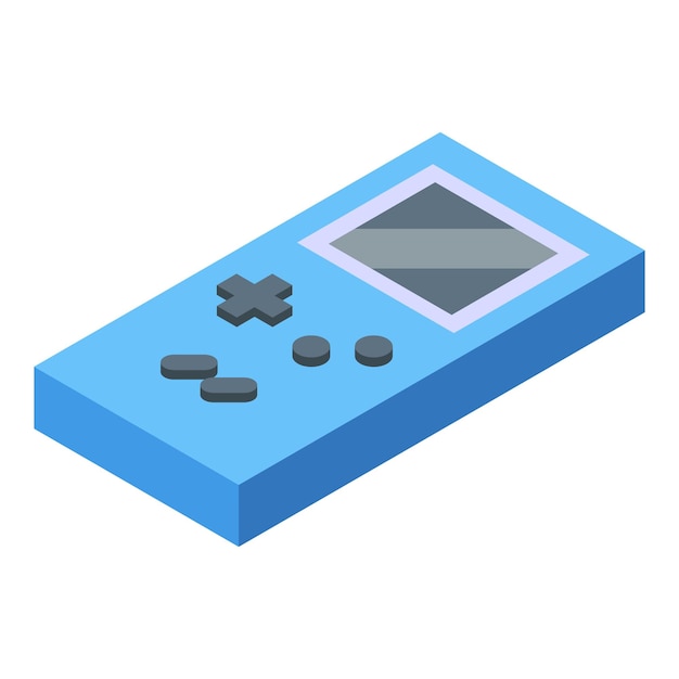 Blue retro handheld video game console showing pixelated screen