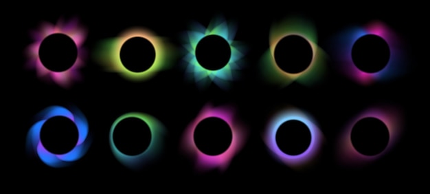 blurred gradient circle frames colorful glowing circular effects abstract total eclipse with blurry gradient glow and circle with dynamic backlit rays isolated vector set