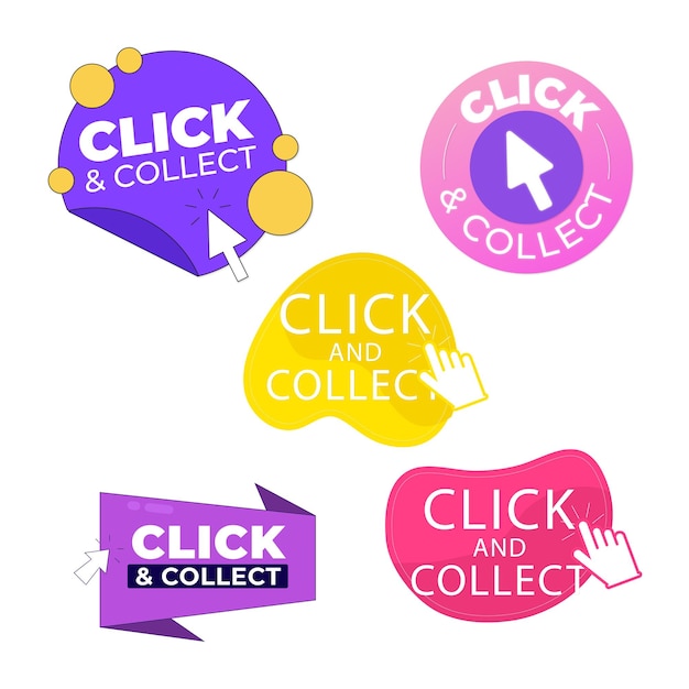 Bộ nút hoặc hình dán mua sắm trực tuyến bằng thao tác click and collect. Nhãn tròn chân thực với văn bản quảng cáo a