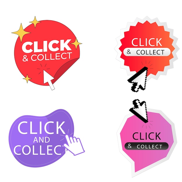 Bộ nút hoặc hình dán mua sắm trực tuyến bằng thao tác click and collect. Nhãn tròn chân thực với văn bản quảng cáo a