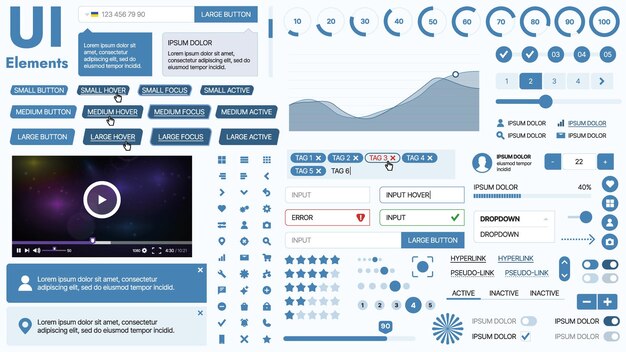 Bộ UI kit hiện đại gồm tập hợp các biểu tượng, nút và yếu tố điều hướng thiết yếu cho các ứng dụng di động và trang web. Lý tưởng cho thiết kế đáp ứng và bảng điều khiển