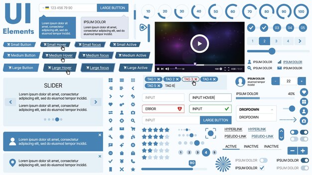 Bộ UI kit hiện đại gồm tập hợp các biểu tượng, nút và yếu tố điều hướng thiết yếu cho các ứng dụng di động và trang web. Lý tưởng cho thiết kế đáp ứng và bảng điều khiển