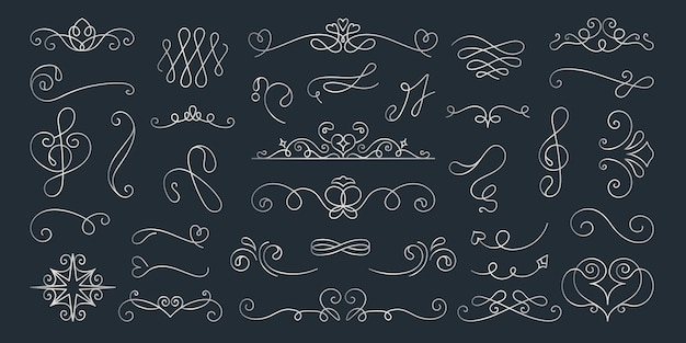 Bộ vector. Các nét chữ và vòng xoáy trang trí thanh lịch với nhiều kiểu dáng khác nhau. Các nét chữ và vòng xoáy để tạo điểm nhấn cho thiết kế. Vòng xoáy và nét chữ cho các dự án sáng tạo. Bộ vector trang trí vẽ tay.