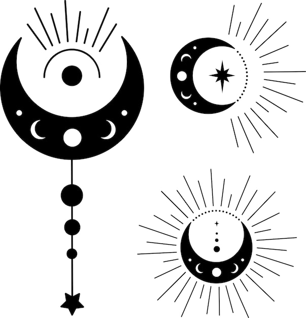 bohemian crescent moon with stars and rays astrology illustration set. moon phases svg vector art