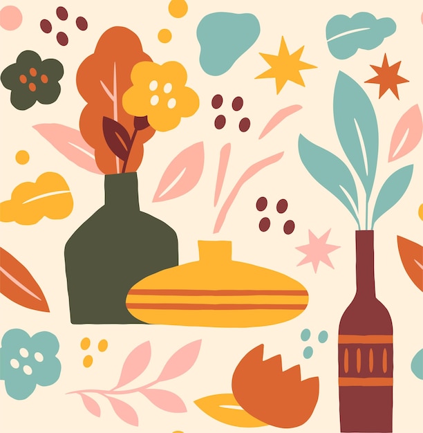 Boho seamless pattern concept Repeating design element for printing on fabric Flowerpots and vases with leaves Wallpaper and texture for website Cartoon flat vector illustration