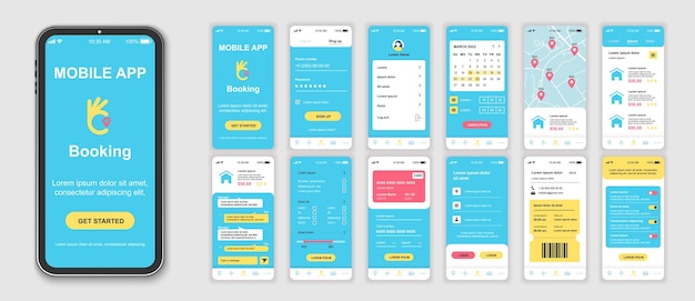 Booking mobile app interface screens template set Account login calendar map locations searching hotel room flight ticket order Pack of UI UX GUI kit for application web layout Vector design