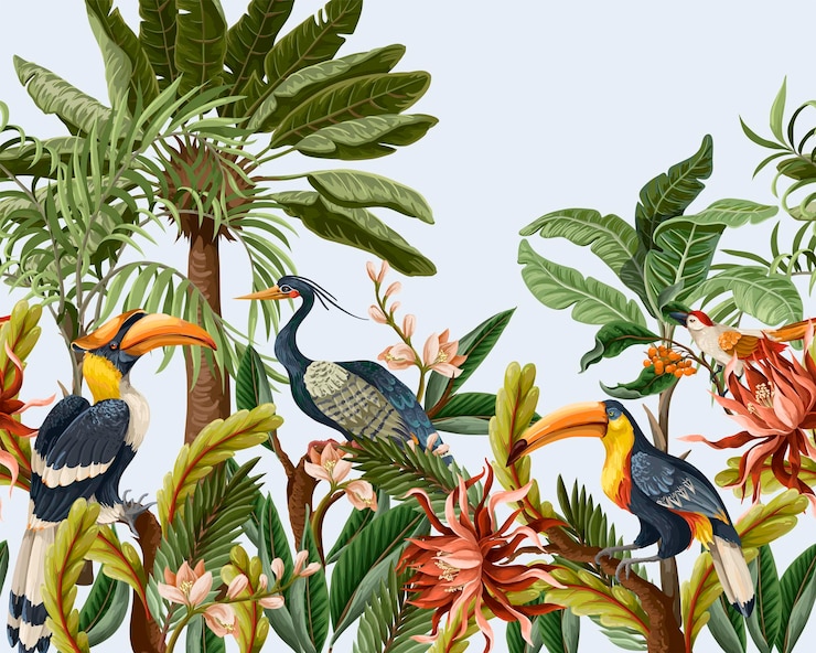 Vector border with birds and tropical leaves and flowers for interior vector