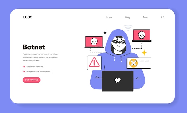 Botnet web banner or landing page Network of computers infected with malware botherder or hacker infects computer with a virus usinf bots Flat vector illustration