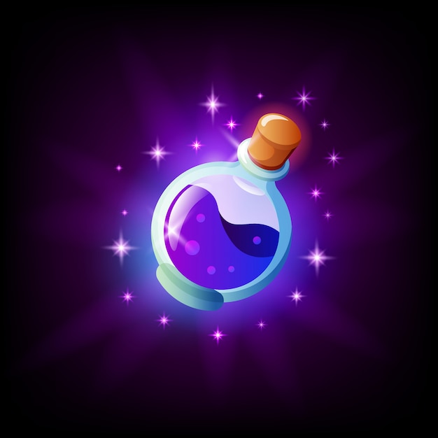 Bottle of magic potion icon for graphic user interface, dark background. Vial of elixir mobile app or pc game element. illustration in cartoon style