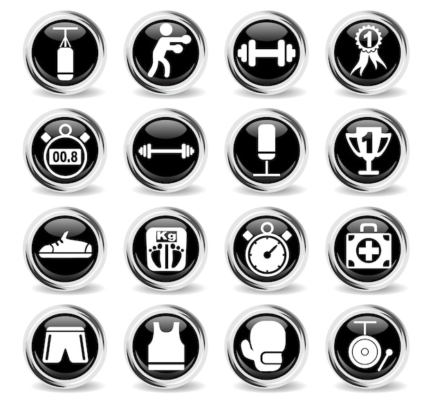 Boxing icons on round black buttons with metal ring