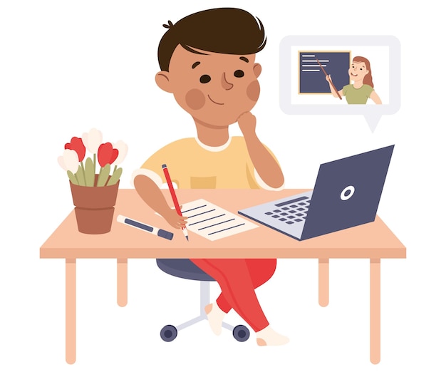 Boy Studying from home via Teleconference Using Computer Homeschooling Distance Learning Concept Cartoon Style Vector Illustration