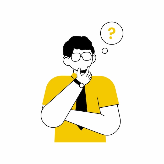 Boy wearing yellow shirt with black tie watch and glasses is asking questions vector illustration