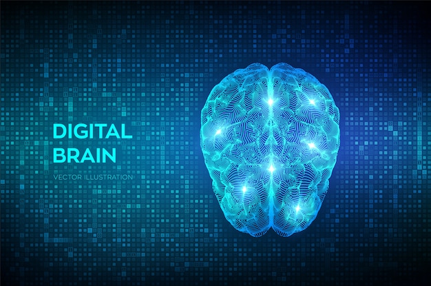 brain. digital brain on streaming digital binary code. neural network.