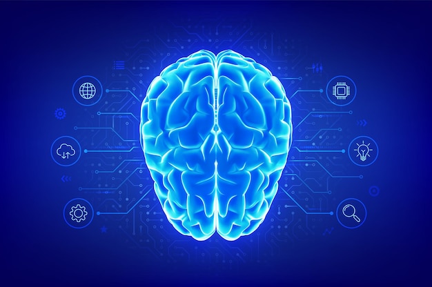 Brain Futuristic digital brain Concept of artificial intelligence machine learning neural network data science innovation technology Circuit board connections pattern Vector illustration